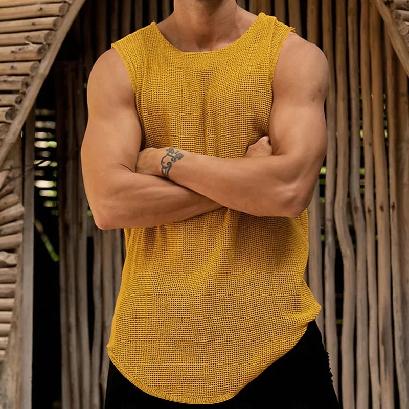 Male Camis Sleeveless Scoop Neck Summer Solid / Plain Color Yellow Dark Green Khaki Top Tee for Men