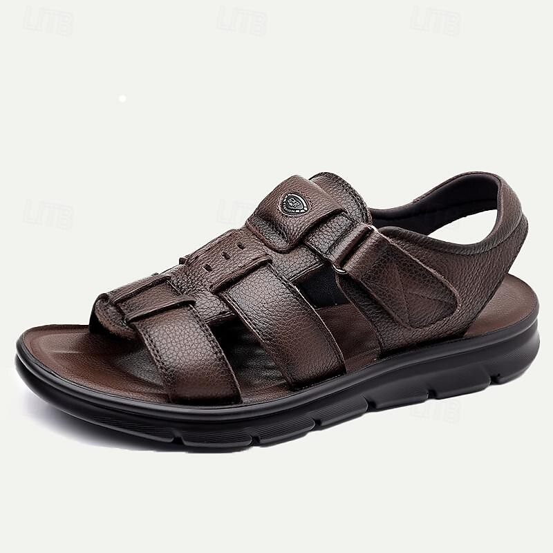 Men's Sandals Sporty Sandals Casual Italian Full-Grain Cowhide Breathable Comfortable Slip Resistant Magic Tape Loafer Black Coffee3