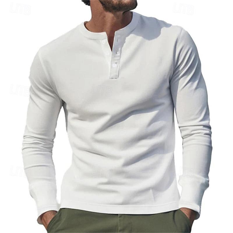 Men's Button T Shirt T Shirt Henley Shirt Tee Long Sleeve Henley Spring &  Fall Plain Fashion Designer Basic Vacation Street Going out Black White Navy Blue Top Tee for Men2