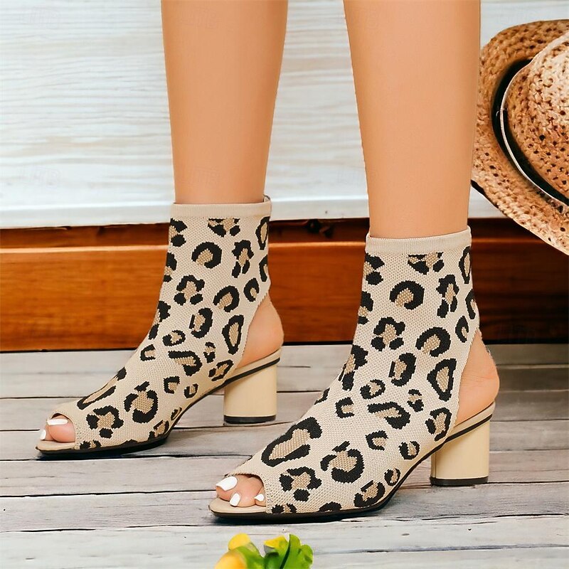 Women's Leopard Print Peep Toe Sock Sandals with Chunky Heel and Cutout Back, Trendy Knit Stretch Heels for Summer Streetwear, Parties, and Casual Chic Looks