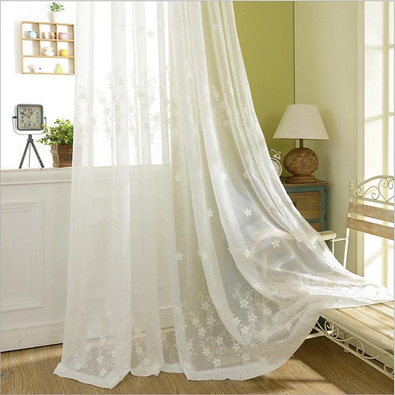 One Panel European Style Embroidered Gauze Curtain Living Room Bedroom Dining Room Semi Transparent Window Screen