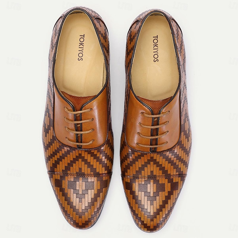 Men's Dress Shoes Brown Herringbone Pattern Italian Leather Slip Resistant Lace-up4