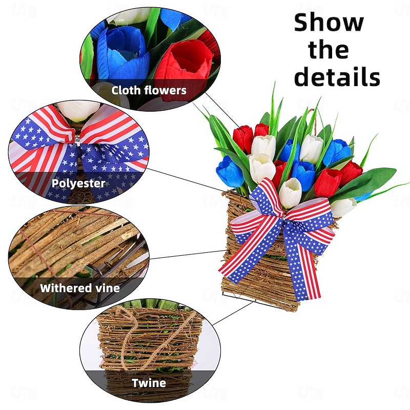 4th of July Patriotic Tulip Wreath Wall Hanging, Red White Blue Artificial Flower Garland, American Flag Door Decor for Independence Day Indoor Outdoor Display4