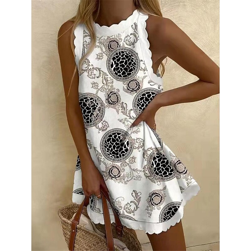 Women's Light Pink Black White Summer Spring Mini Dress Petite Dress White Dress Casual Vacation Daily Loose Fit Floral Graphic Crew Neck3
