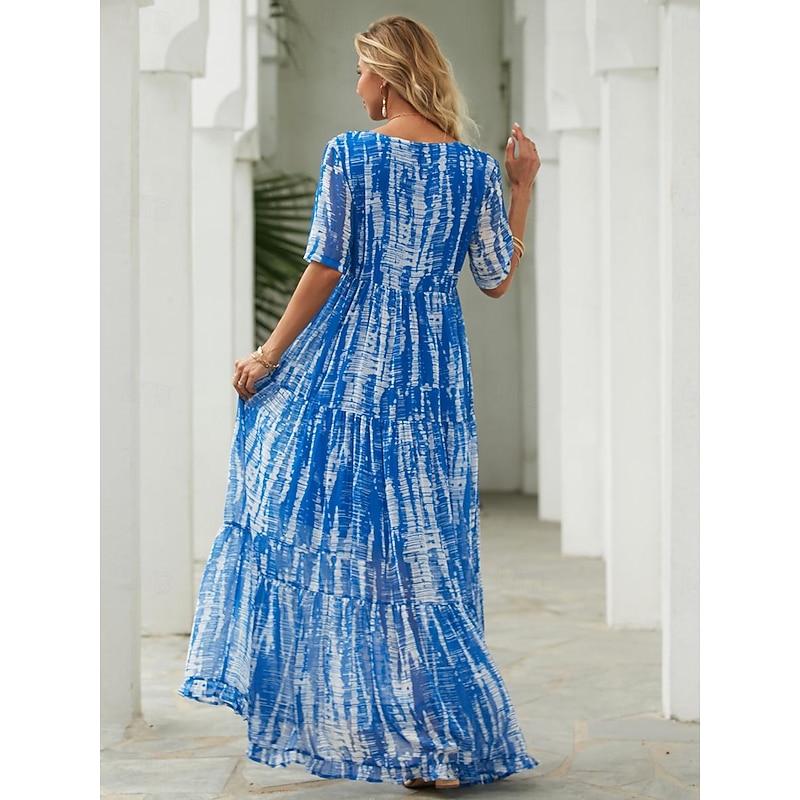Women's Long Dress Maxi Dress Casual Dress Chiffon Dress Swing Dress Summer Dress Streetwear Maxi Vacation Street Holiday Loose Fit Tie Dye Short Sleeve V Neck Blue Summer2