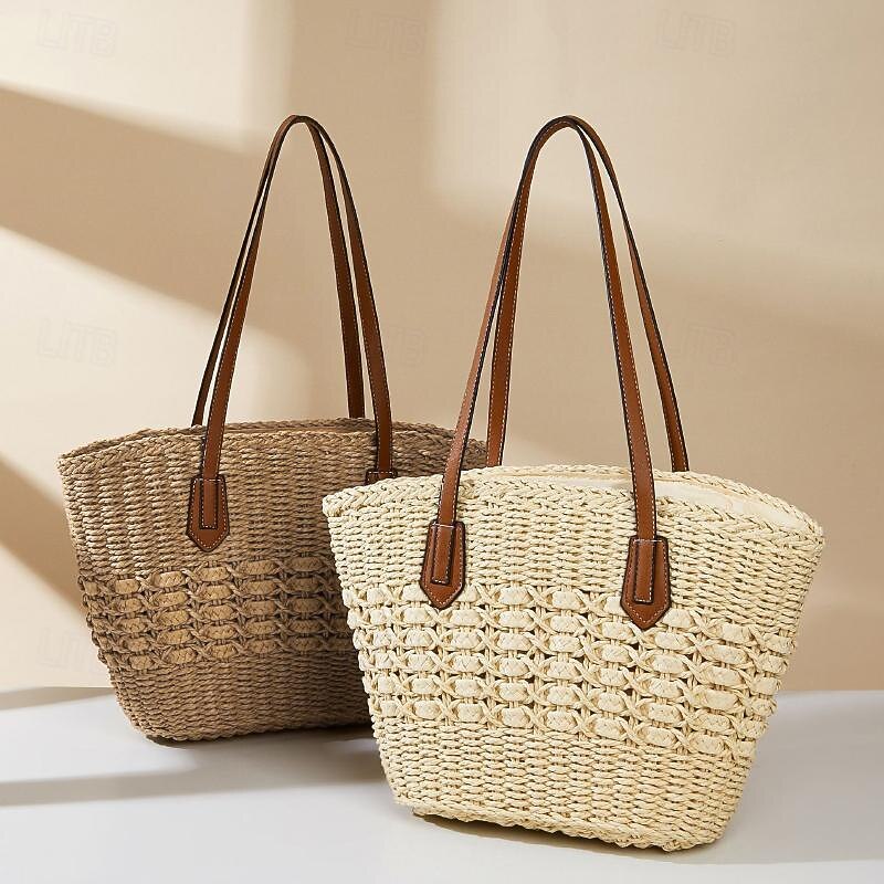 Women's Tote Beach Bag Straw Bag Straw Outdoor Holiday Beach Zipper Large Capacity Solid Color off white khaki