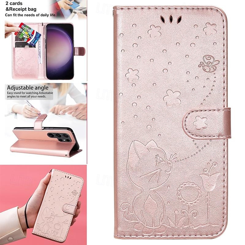 Phone Case For Samsung Galaxy S25 S24 S23 S23 FE S22 S21 Ultra Plus A55 5G A35 5G A25 A15 Wallet Case Magnetic Full Body Protective with Wrist Strap Cat Bee TPU PU Leather4