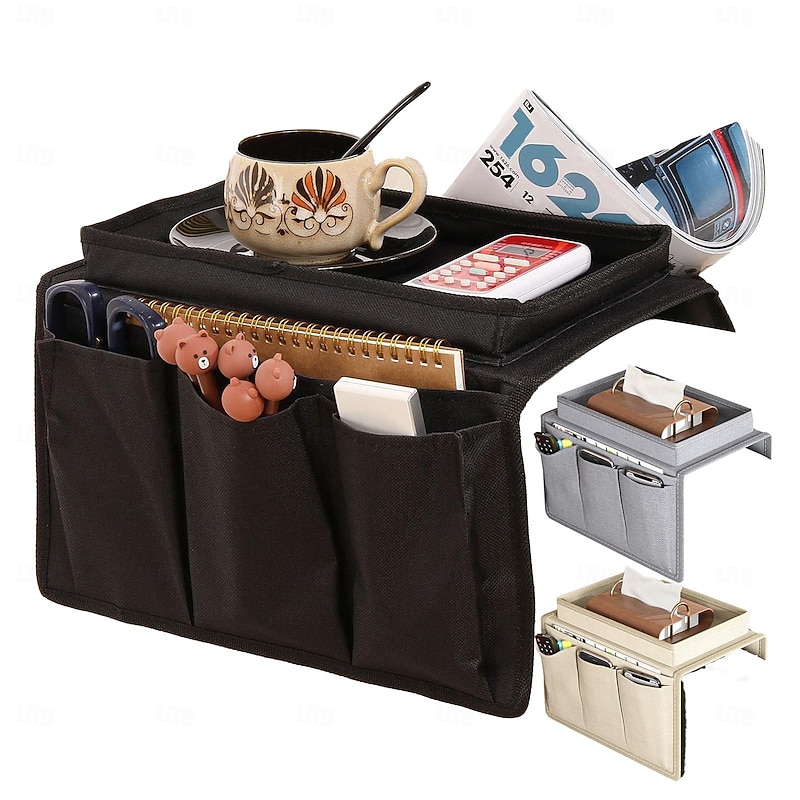 Armrest Organizer with Cup Holder, Tray, and Remote Control Holder for Recliner Sofa Armrests - Fits Couch Armrests, Chair Arms, Bedside - Storage Pouch for Phone, Tablet, Books, Magazines, Drink Holder2