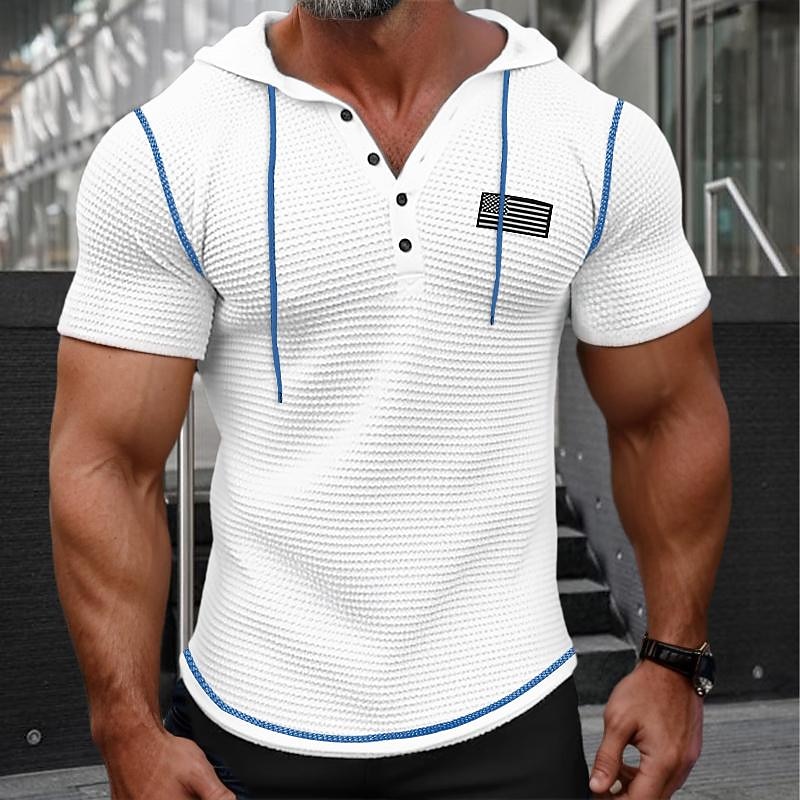 Men's Waffle Henley Shirt Henley Shirt Short Sleeve Shirt Tee Top Solid Color Hooded Outdoor Street Short Sleeve Button American flag Clothing Apparel Daily Hawaiian