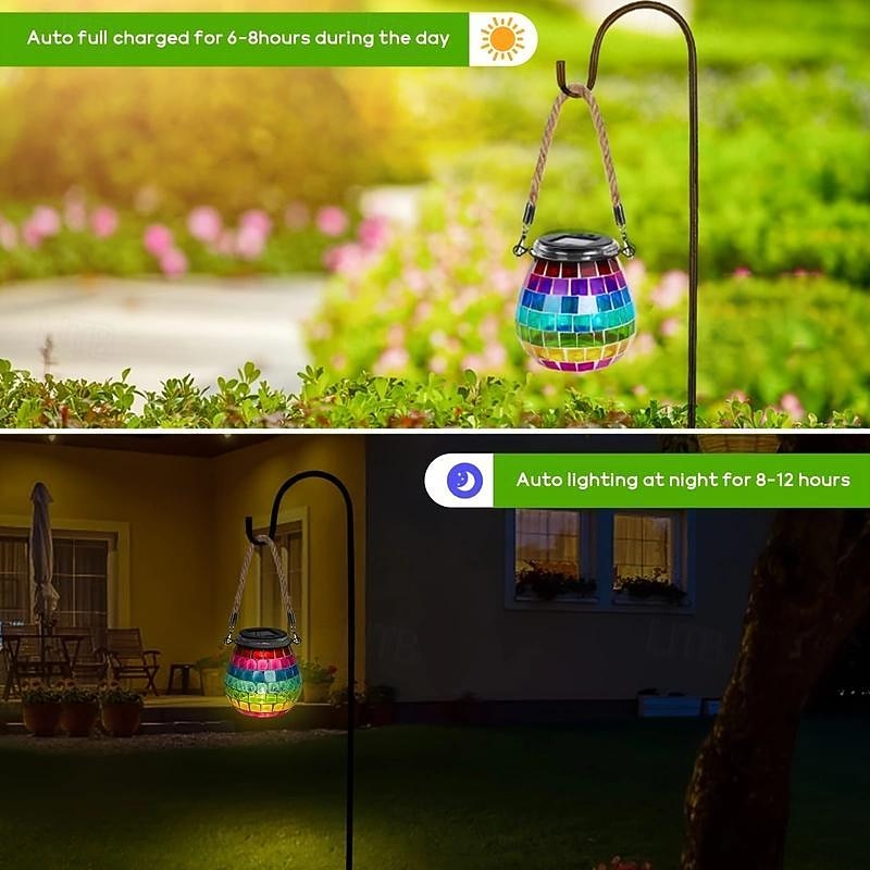 1pc Mosaic Solar Mason Can Light Outdoor Waterproof Glass Art Projection Hanging Lantern Desktop Decoration3