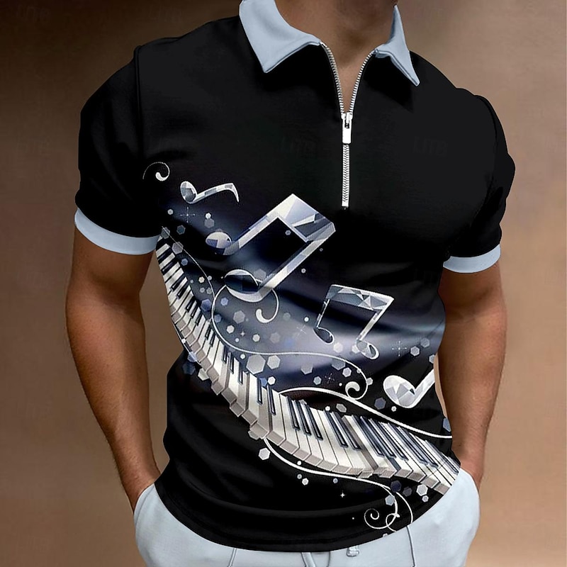 Music Festival Men's Music Zip Polo Shirts Golf Shirt Short Sleeve Polo Shirts Collared Shirts Casual Vacation Wear Festival Wear Party Outfits 3D Print Quarter Zip Polo Summer Black Blue