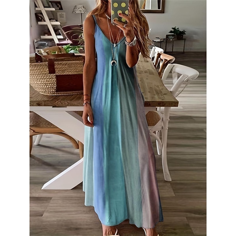 Women's Maxi Dress Sleeveless Gradient Pastel Rainbow Scoop Neck Flowy Bohemian Style Casual Summer Beachwear Regular to Plus Size