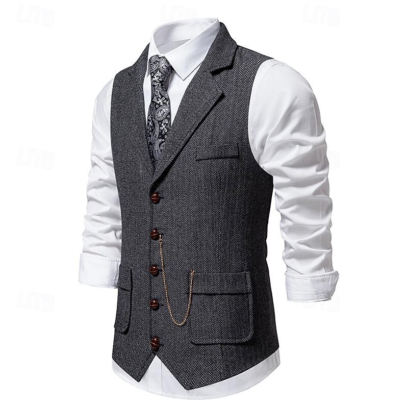 Men's Vest Gilet Daily Wear Vacation Going out Vintage Fashion Spring &  Fall Button Polyester Comfortable Plain Single Breasted Lapel Regular Fit Dark Navy Dark Gray Coffee Vest2