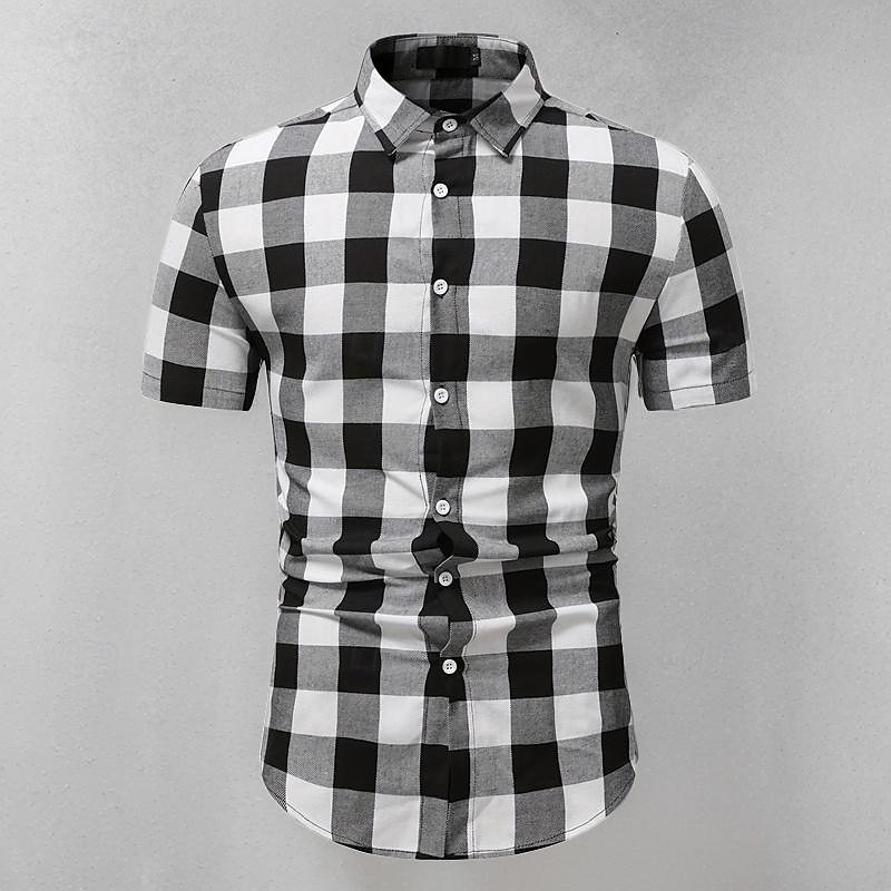 Men's Shirt Dress Shirt Button Up Shirt Plaid Wedding Party White Short Sleeve Lapel Summer Clothing Apparel