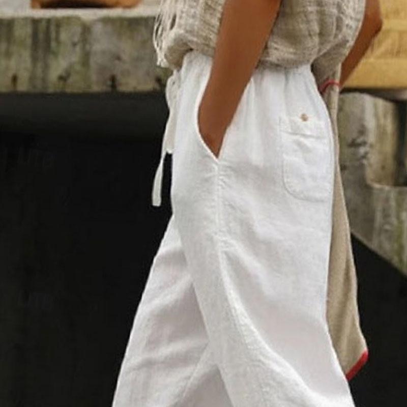 Women's Cotton Linen Pants Pants Trousers Casual Daily Ankle-Length Plain Mesh Side Pockets Breathability Comfortable Inelastic Going out Weekend White Spring & Summer Regular Fit2