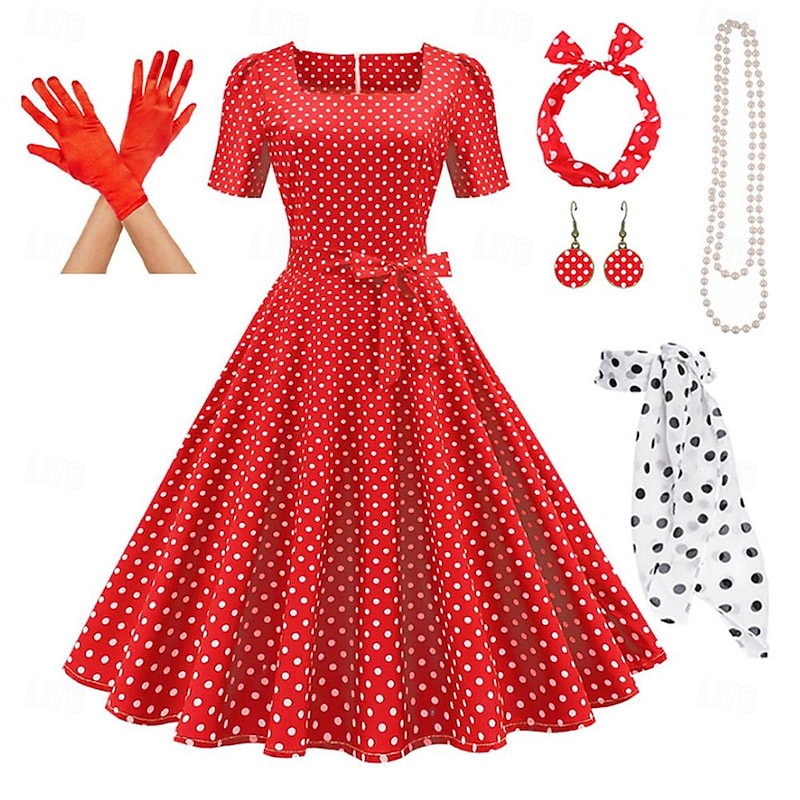 Retro Vintage 1950s Grease Outfits Rockabilly Petticoat Hoop Skirt A-Line Dress Tutu Polka Dot Fancy Dress Women's Party / Evening Masquerade Adults' Dress Gloves Earrings Spring & Summer