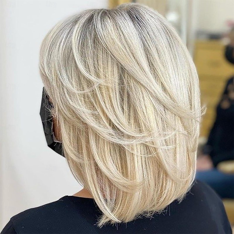 Wavy Layered Wigs with Curtain Bans for Women Short Platinum Blonde Highlights Curly Bob Wig Bleach Blonde Wavy Bob Wig with Bangs Synthetic Mixed Blonde Wig for Women