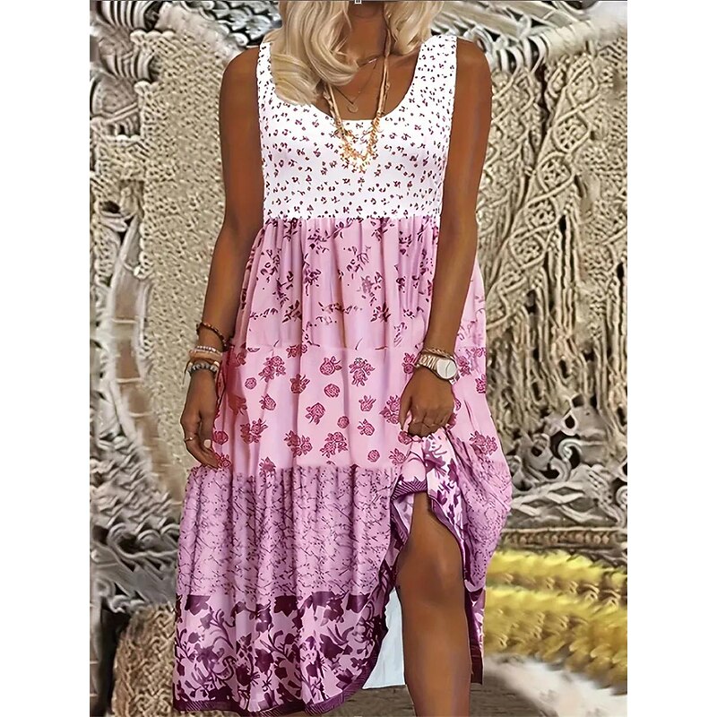 Women's Graphic Print Crew Neck Midi Dress Bohemia Casual Home Date Sleeveless Summer2