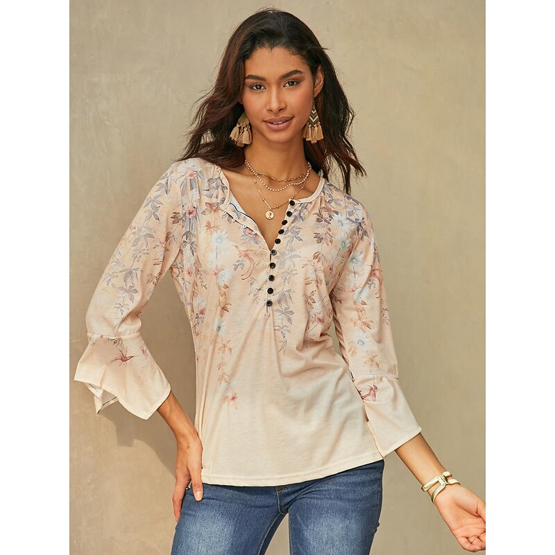 Women's T Shirt Basic Floral Buttons Print 3/4 Length Sleeve Regular Tops Round Neck Holiday Yellow Blue