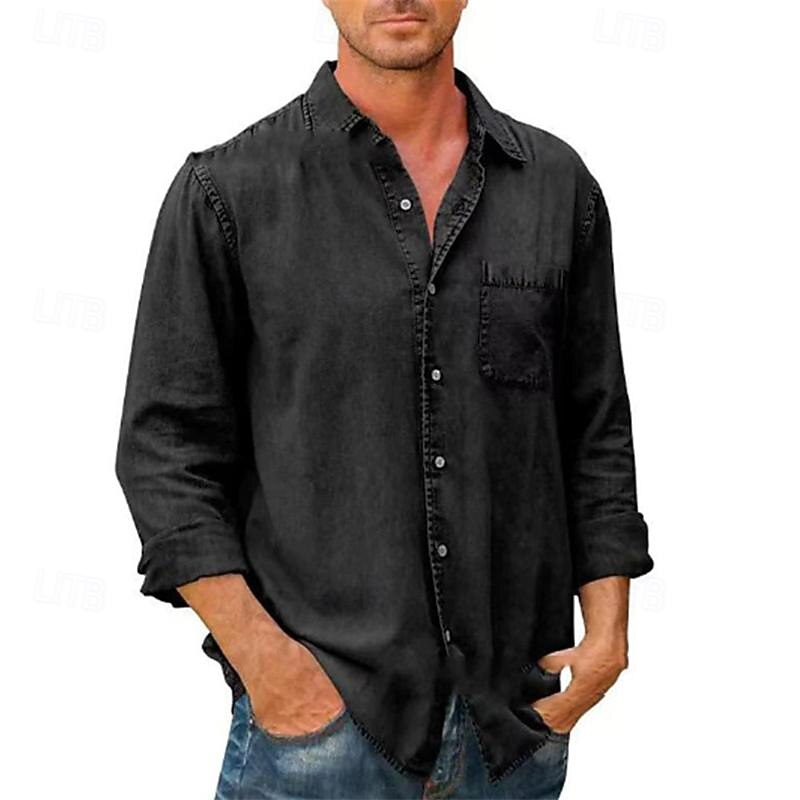 Men's Shirt Summer Shirt Button Up Shirt Casual Shirt Beach Shirt Black White Dark Navy Blue khaki Long Sleeve Plain Lapel Hawaiian Holiday Pocket Clothing Apparel Fashion Casual Comfortable4
