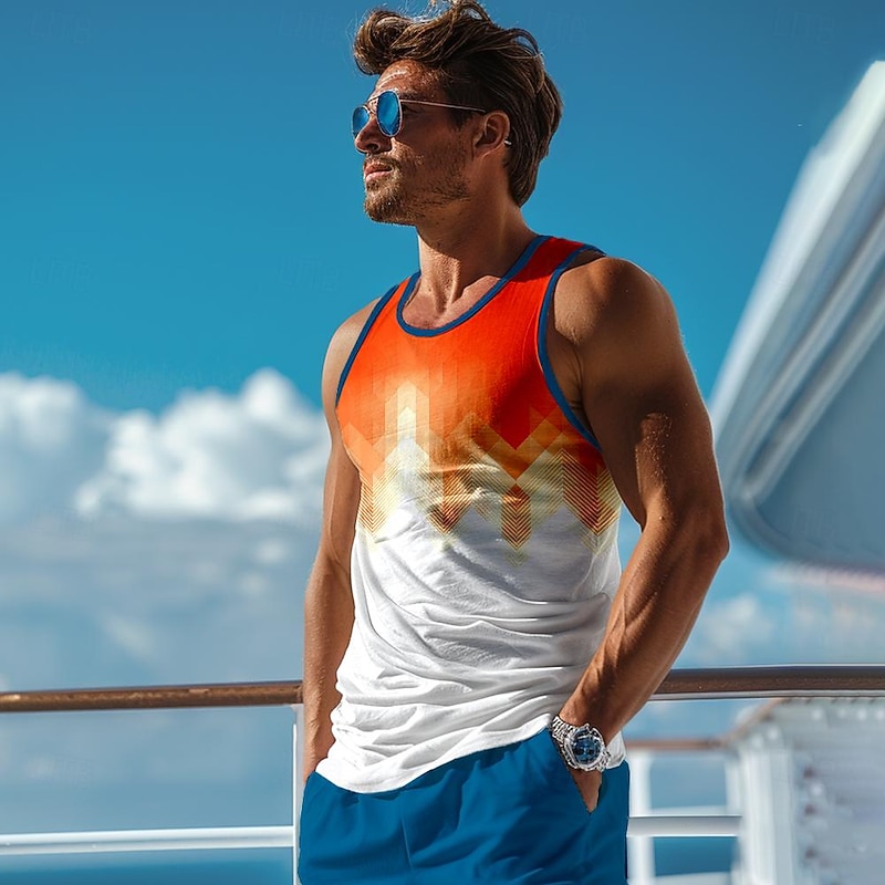 Men's Ombre Geometric Tank Top Vest Top Undershirt Sleeveless T shirt 3D Print Crew Neck Shirt Fashion Outdoor Casual Street Casual Daily Yellow Orange Spring & Summer Clothing Apparel S M L XL XXL