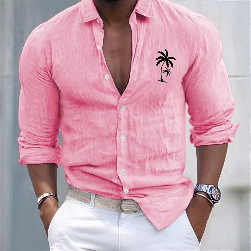 Men's Shirt Linen Shirt Cotton Linen Shirt White Cotton Shirt Minimalist Aloha Shirt Casual Shirt Coconut Tree Vacation Hawaiian Black White Pink Gray Long Sleeve Lapel Spring & Fall Clothing Apparel 6