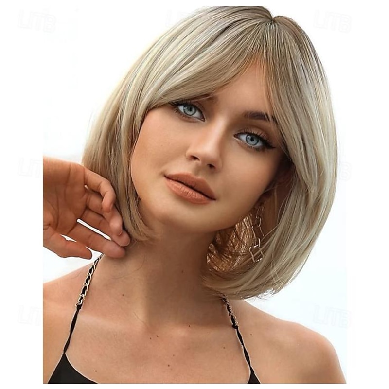 Short Bob Wig with Bangs Heat Resistant Synthetic Straight Wigs for Women Cute Dark Ash Blonde blended with Blonde 10 inches Light Brown Black Brown Light Blonde Blonde3