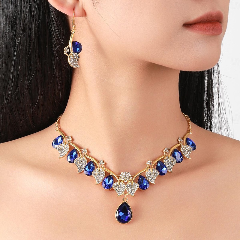 Elegant Women's Blue Crystal Drop Necklace and Earring Set - Rhinestone-Embellished Floral Design, Perfect for Weddings, Formal Events, and Special Occasions