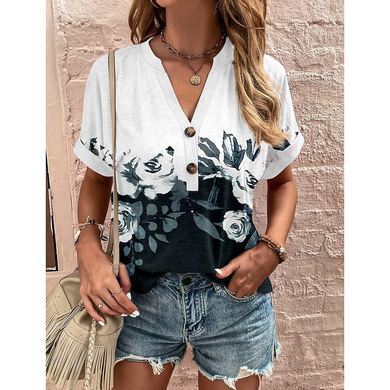 Women's T Shirt Floral Fashion Short Sleeve V Neck Regular Tops Daily Weekend Buttons Print Black White Wine Red Summer2