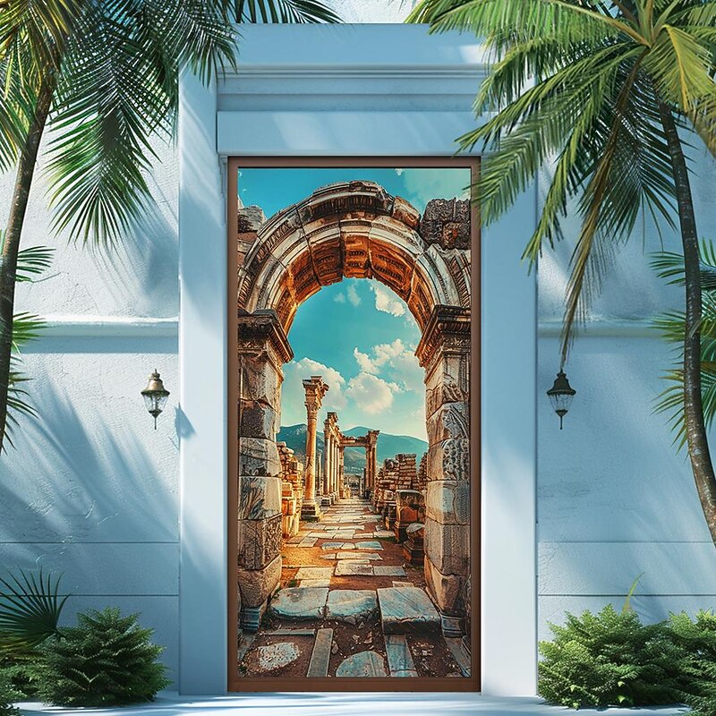 Beach Castle Door Covers Mural Decor Door Tapestry Door Curtain Decoration Backdrop Door Banner Removable for Front Door Indoor Outdoor Home Room Decoration Farmhouse Decor Supplies
