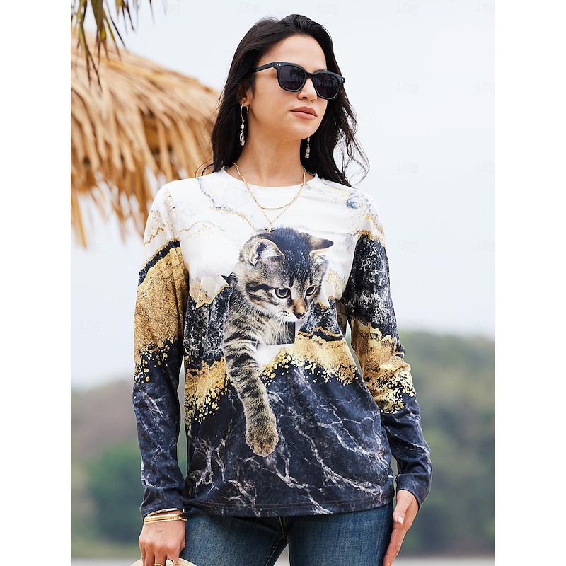 Women's T shirt Crew Neck Long Sleeve Tunic Funny Cat Print Regular Tops Round Neck Daily Weekend Yellow Spring & Fall3