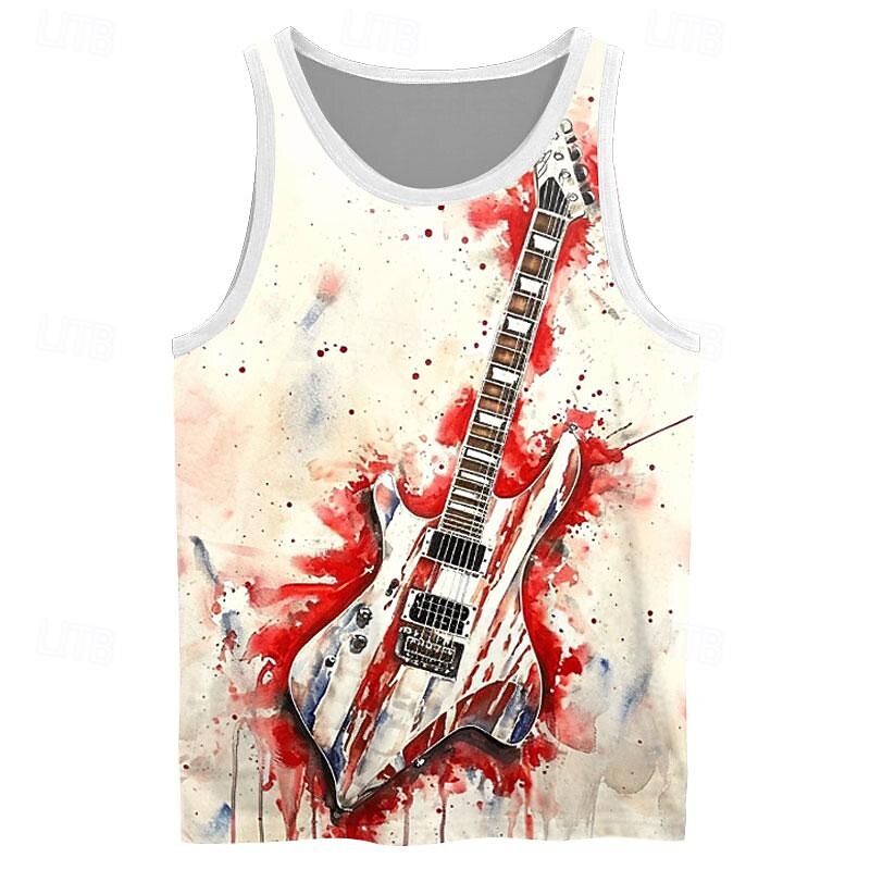 Men's Guitar T Shirt Vest Top Sleeveless T shirt 3D Print Crew Neck Shirt Vacation Retro Vintage Street Daily Holiday White 1 White Red Summer Spring Clothing Apparel S M L XL XXL XXXL4