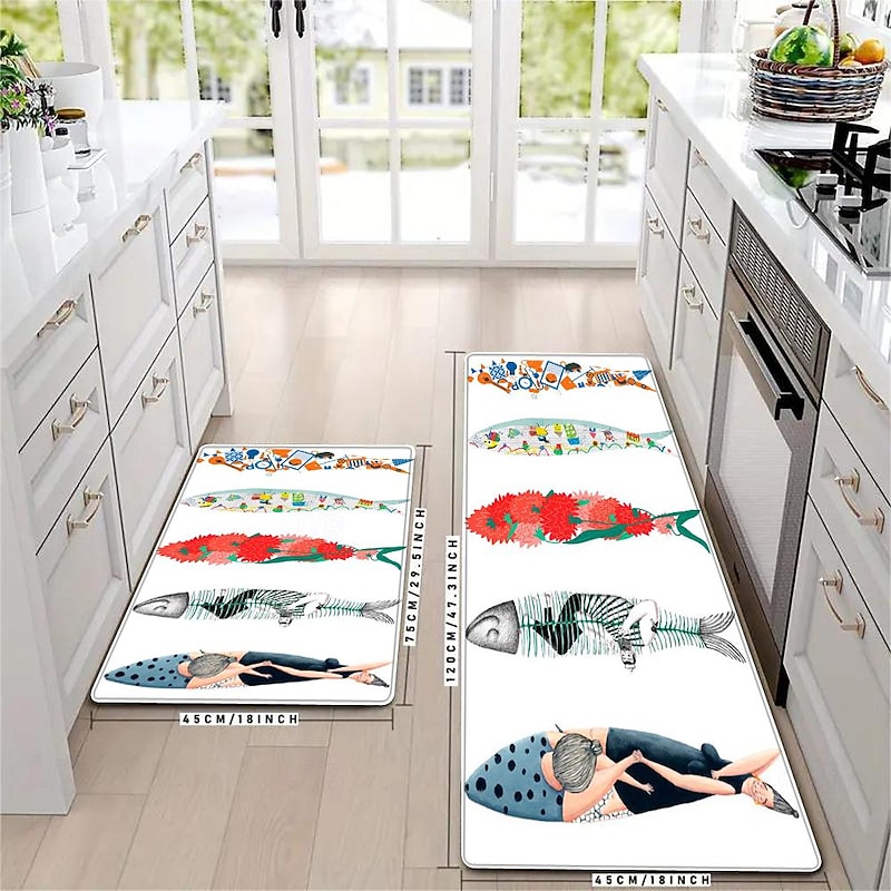 Area Rug Kitchen Rug Mat Non-Slip Oil Proof Floor Mat Livingroom Rug Indoor Outdoor Mat Bedroom Decor Bathroom Mat Entrance Rug Door Mat Summer Fishes2