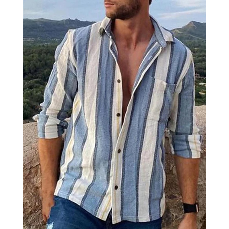 Men's Shirt Summer Shirt Casual Shirt Beach Shirt Button Up Shirt Blue Red Dark Blue Light Blue Long Sleeve Stripes Lapel Vacation Hawaiian Button-Down Clothing Apparel Polyester Fashion Casual2