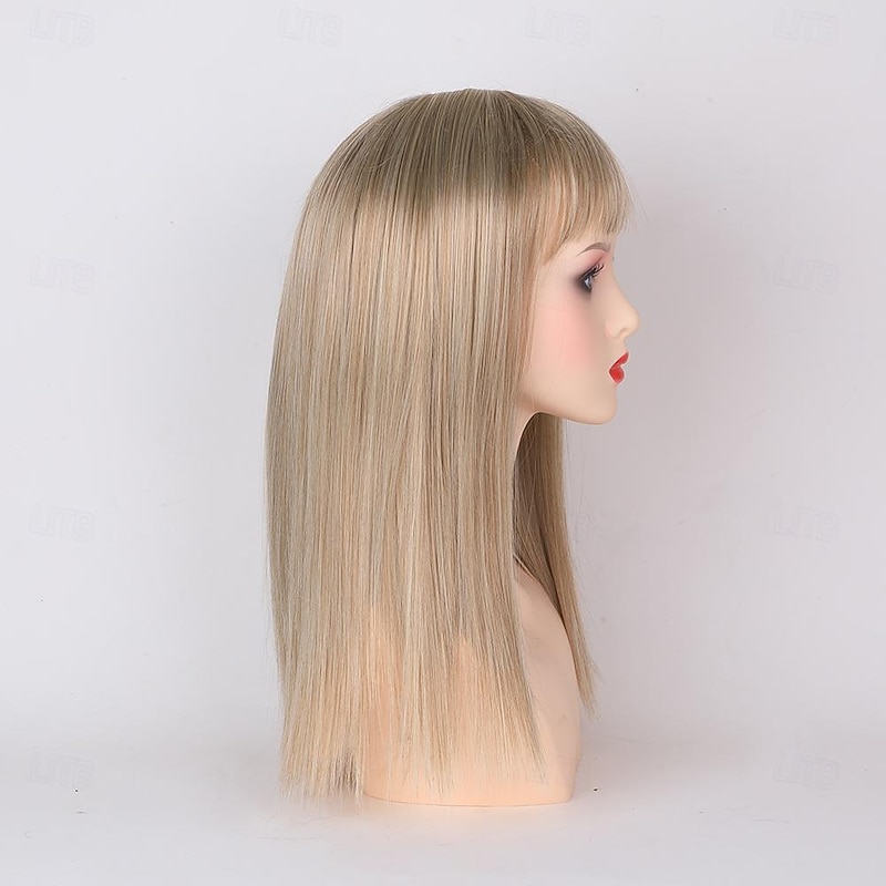Smooth Straight Long Wig with Blunt Bangs and Razor-Finished Tips/Multi-tonal Shades of Blonde Silver Brown and Red4