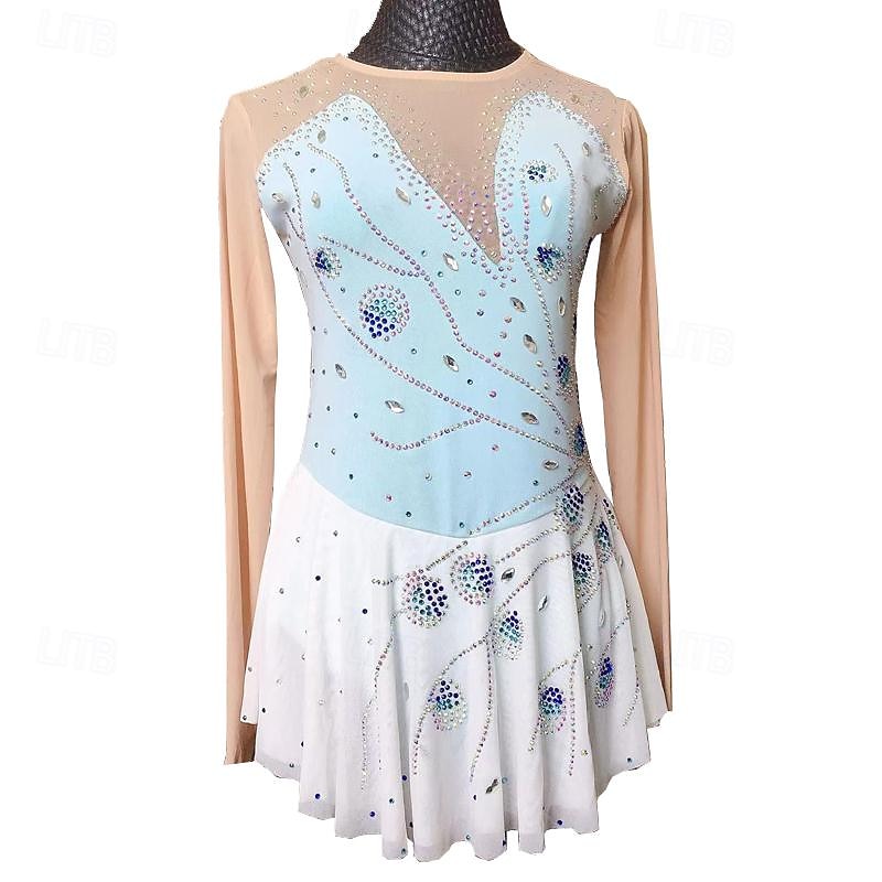 Figure Skating Dress Women's Girls' Ice Skating Dress Blue+Light Blue Training Skating Wear Crystal / Rhinestone Long Sleeve Ice Skating Figure Skating