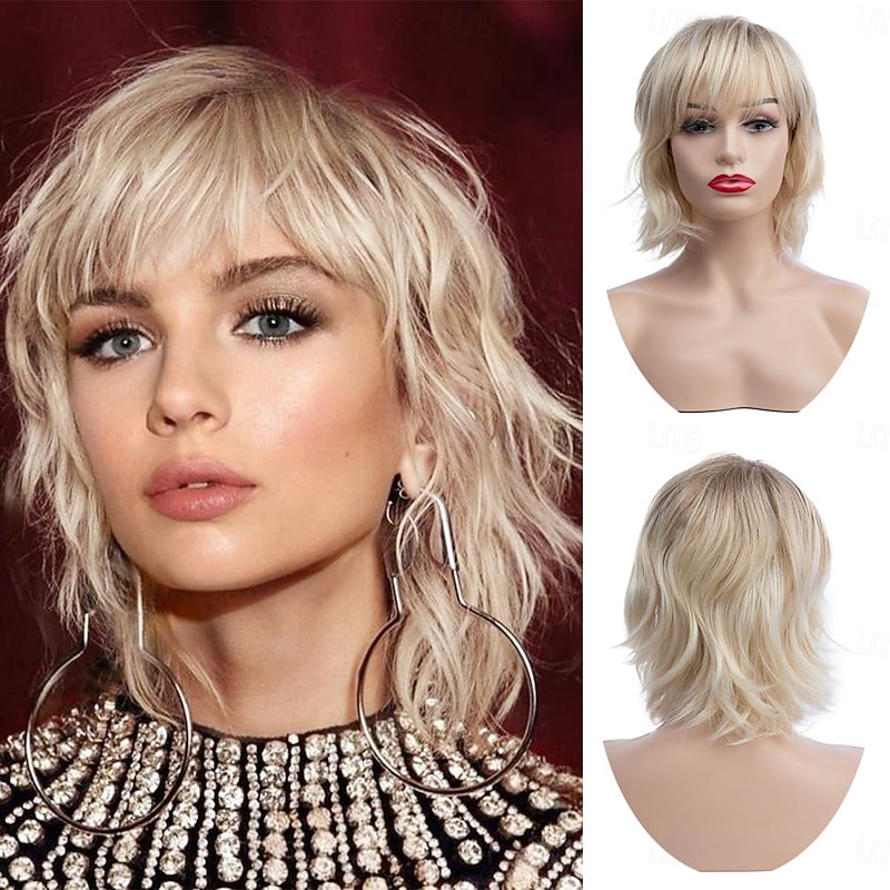 Womens Short Blonde Wig Short Ash Blonde Bob Wavy Wig with Bangs Synthetic Hair Cosplay Wig for Women Girls 9 inch