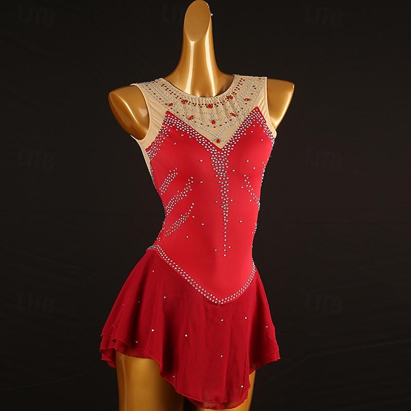 Figure Skating Dress Women's Girls' Ice Skating Dress Burgundy Patchwork Mesh Spandex High Elasticity Training Practice Professional Skating Wear Classic Crystal / Rhinestone Sleeveless Ice Skating2