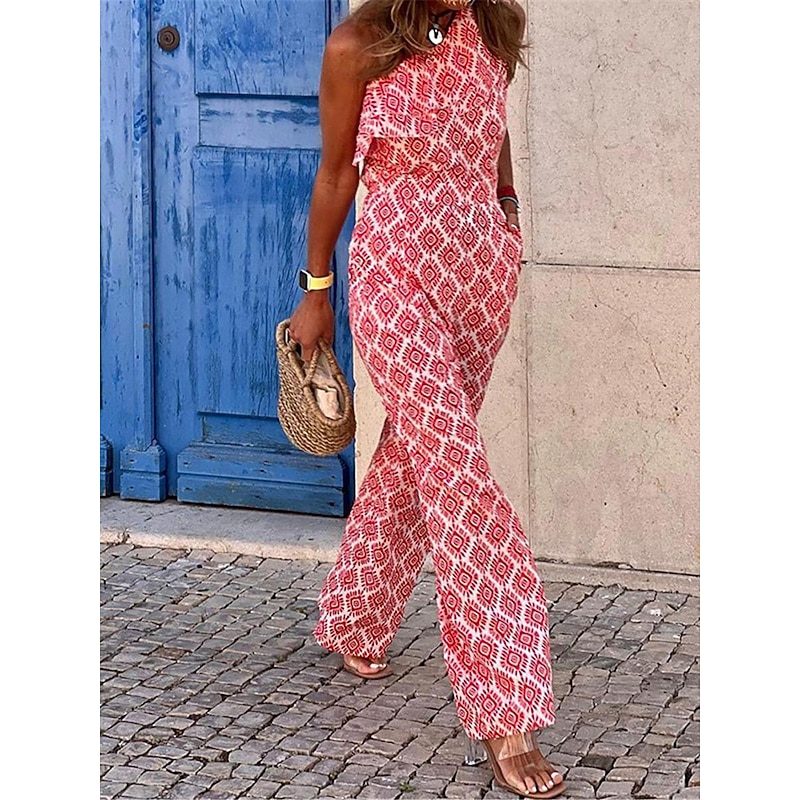 Women's Normal Jumpsuit Streetwear Geometric Sleeveless One Shoulder Ruffle Pocket Street Daily Regular Fit Fuchsia Summer3