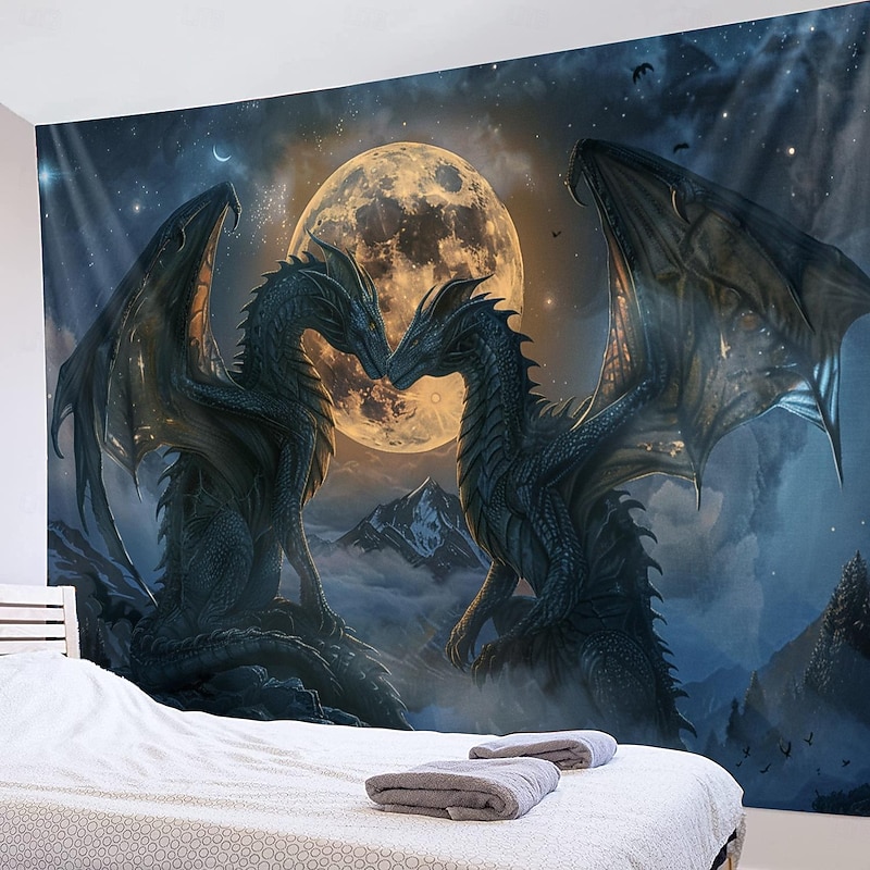 Dragon Couple Moon Hanging Tapestry Wall Art Large Tapestry Mural Decor Photograph Backdrop Blanket Curtain Home Bedroom Living Room Decoration4