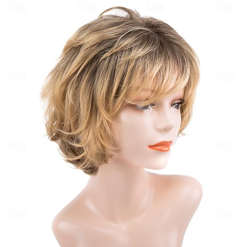 Curly Lace Wig Women Short Curly Wigs with Bangs Yellow Brown Mixed Blonde Pixie Cut Wig for Women Straight Synthetic Fiber Wigs Wavy Wig