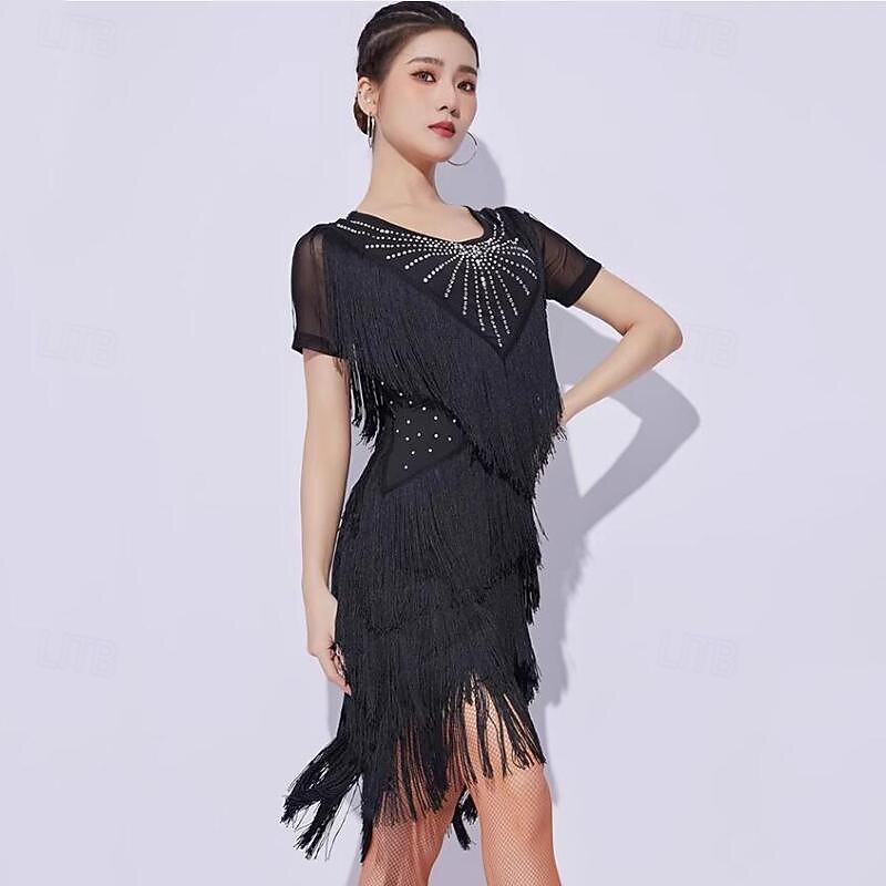 Latin Dance Dress Tassel Splicing Crystals / Rhinestones Women's Performance Training Short Sleeve Mesh Milk Fiber