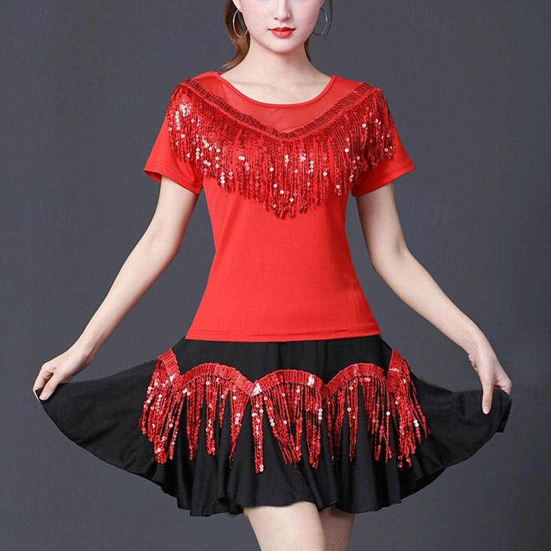 Latin Dance Ballroom Dance Top Tassel Pure Color Splicing Women's Performance Training Short Sleeve High Polyester4