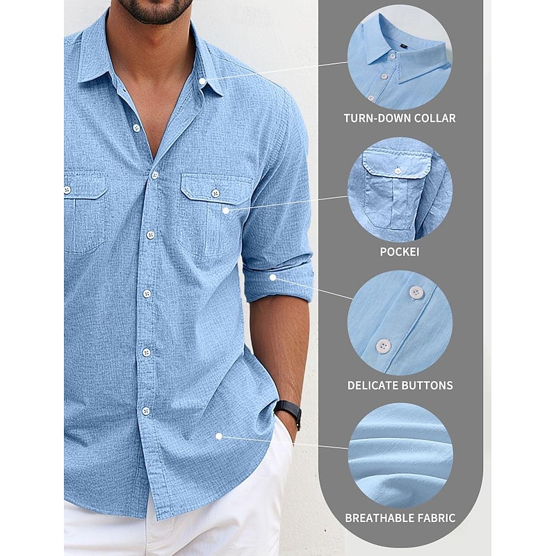 Men's Shirt Summer Shirt Beach Wear Casual Shirt Western Shirt Button Up Shirt Plain Vacation Casual Black White Blue Long Sleeve Lapel Spring & Summer Clothing Apparel Pocket2