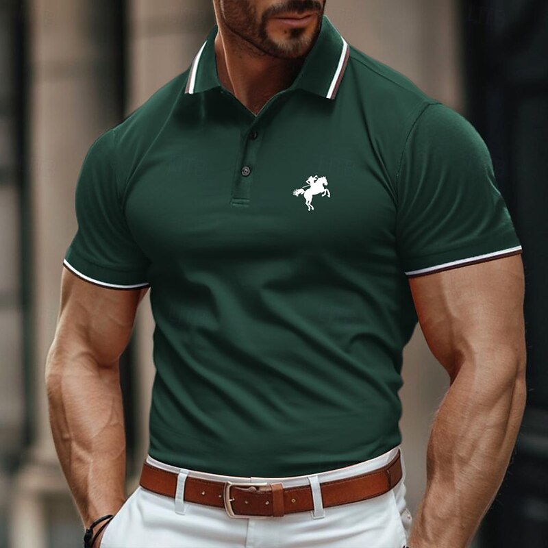 Men's Polo Shirt Golf Shirt Casual Holiday Lapel Short Sleeve Fashion Basic Color Block Horse Patchwork Embroidery Summer Regular Fit Black Burgundy Green Polo Shirt2