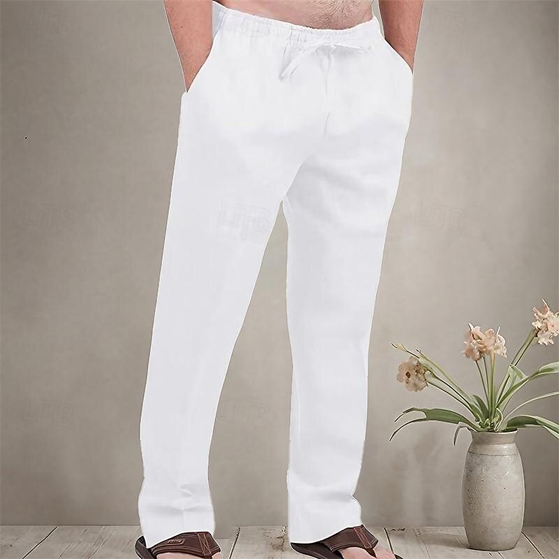 Men's Linen Pants Trousers Summer Pants Beach Pants Pocket Drawstring Elastic Waist Plain Comfort Breathable Daily Holiday Vacation Hawaiian Boho Dark Brown Black