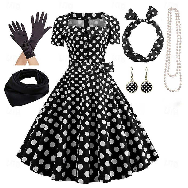 Women's A-Line Rockabilly Dress Polka Dots Swing Dress Flare Dress with Accessories Set 1950s Grease Outfits 60s Retro Vintage with Headband Chiffon Scarf Earrings Pearl Necklace Gloves2