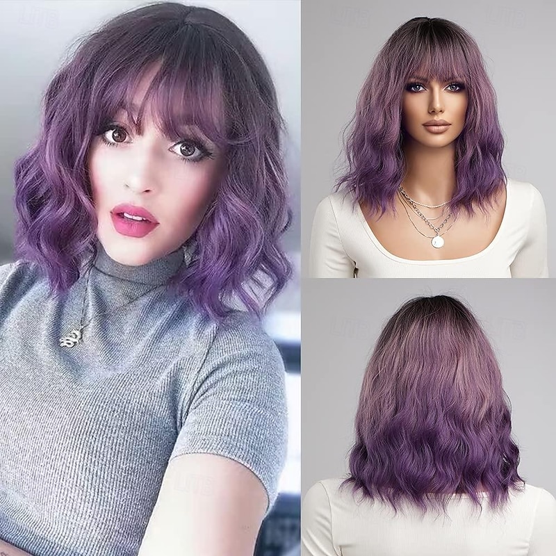 Grey Green Pink Blonde Purple Wig for Women Ombre Purple Bob Wig Mardi Gras Wigs Short Curly Wavy Black to Purple Wig with Bangs Synthetic Heat Resistant