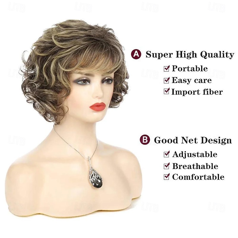 Wig Natural Wave Asymmetrical With Bangs Wig Short Grey Synthetic Hair Women's Classic Dark Gray Short Curly Mixed Brown Wigs for Women Layered3