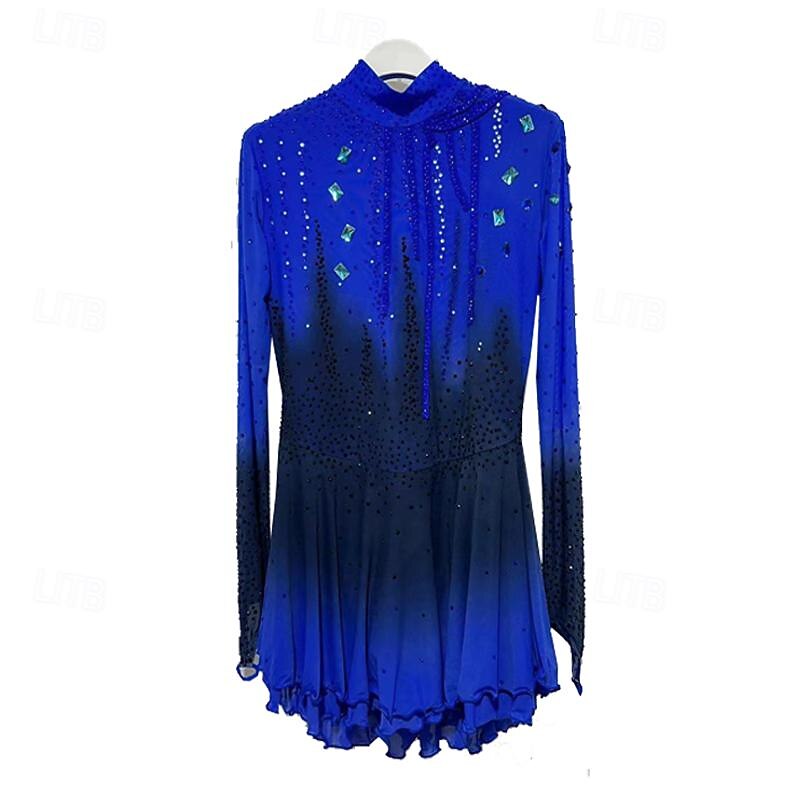 Figure Skating Dress Women's Girls' Ice Skating Skirt Dress Dark Blue Patchwork Mesh Spandex Lace Micro-elastic Training Skating Wear Crystal / Rhinestone Long Sleeve Figure Skating